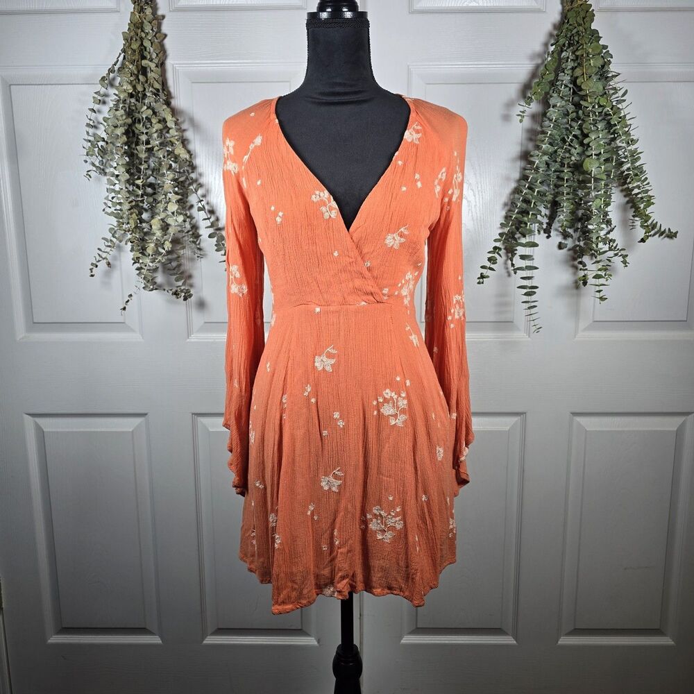 Free People Embroidered Mini Dress Papaya Floral Peasant Bohemian Flowy 4
